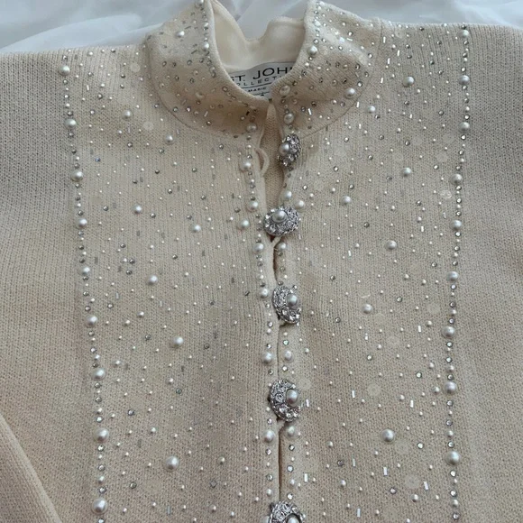 GORGEOUS Vintage St. John Collection IVORY Pearls Sequins Rhinestone Dress 6 - Picture 1 of 15